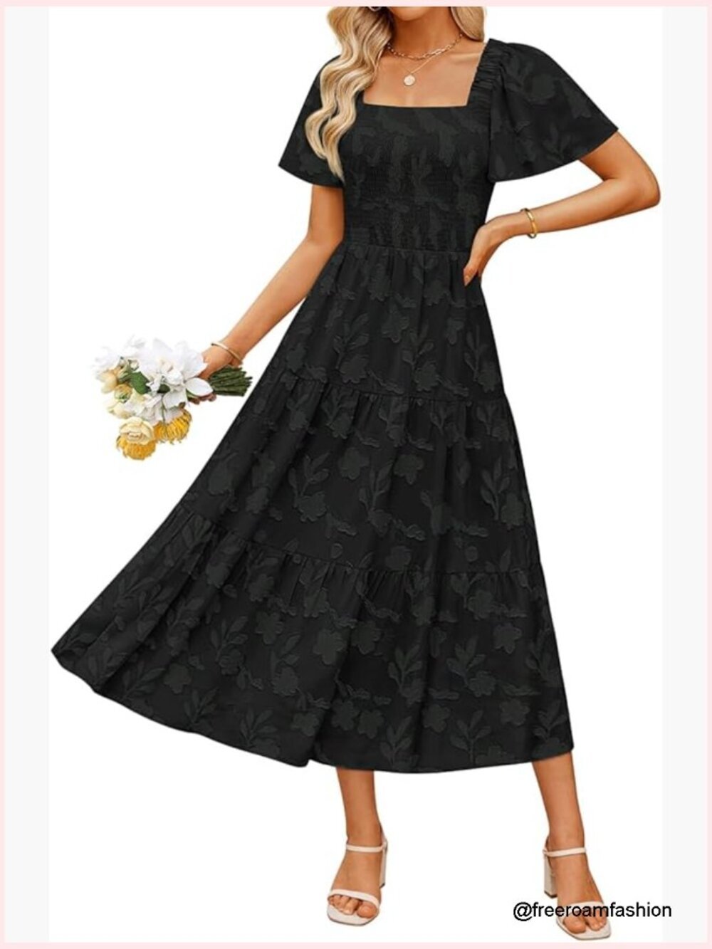 Summer Boho Floral Midi Dress Casual Short Sleeve Square Neck Flowy